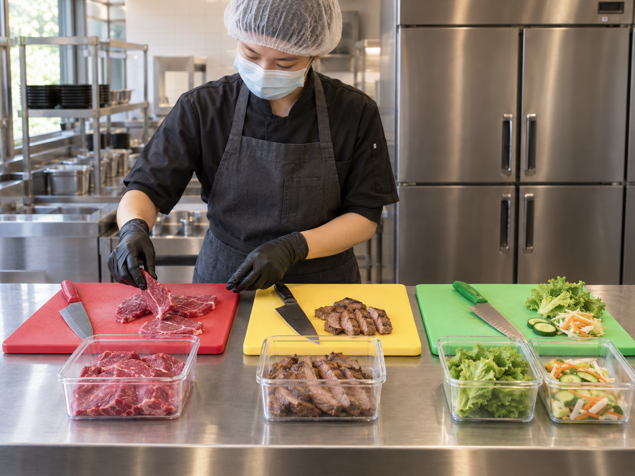 生熟分開示意圖：生肉、熟食、即食蔬果分砧板分刀分容器，顏色分區