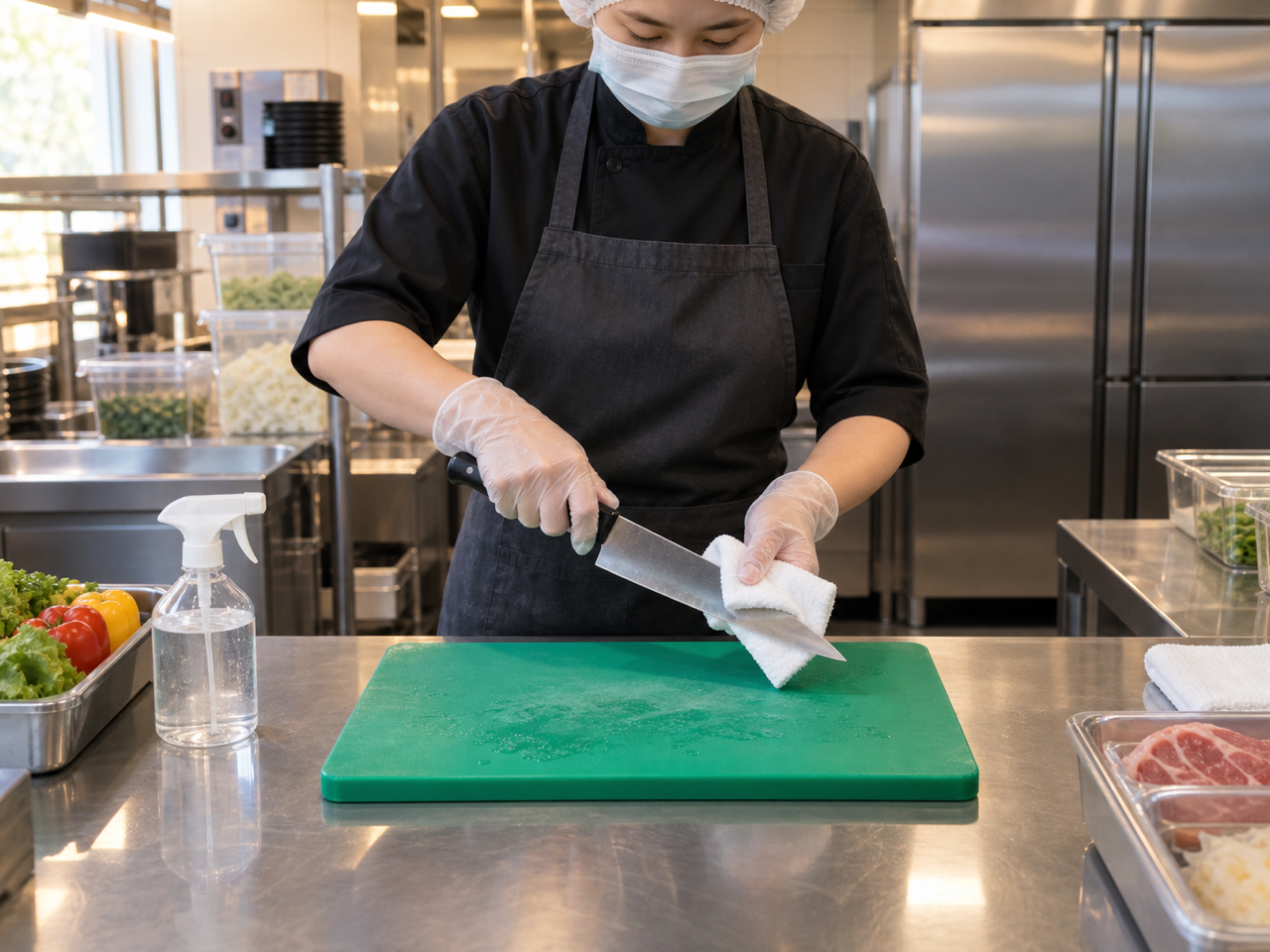 刀具與砧板示意圖：專用刀砧、作業中清潔、鋼化／消毒