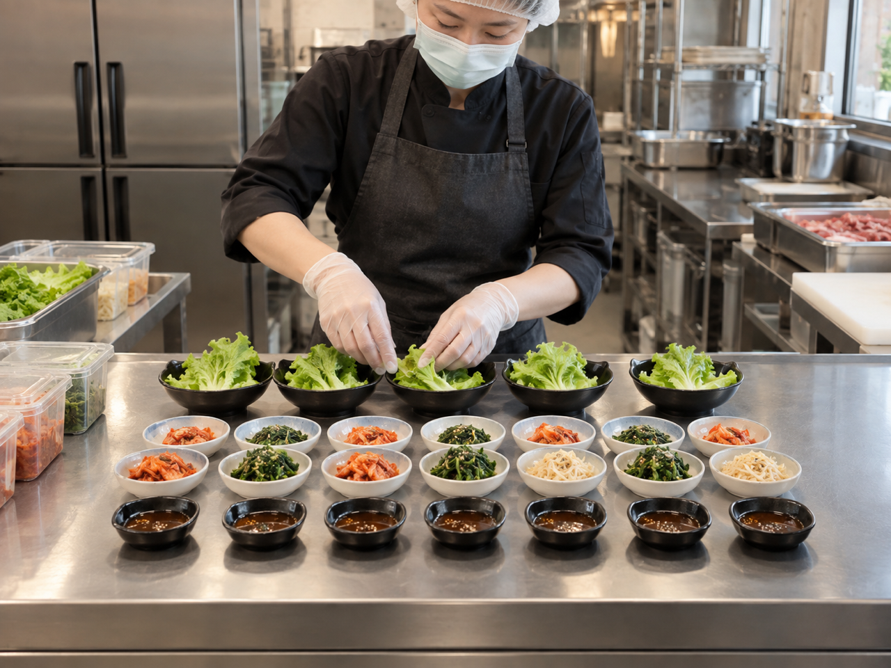配台份量示意圖：小菜、生菜、醬料檯單份份量與擺放