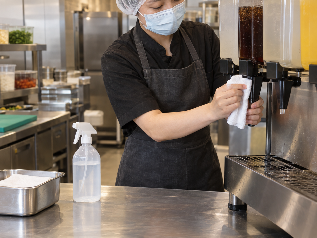 飲料區示意圖：機台清潔、糖漿／氣泡比、杯具、庫存補給（SOP-06）