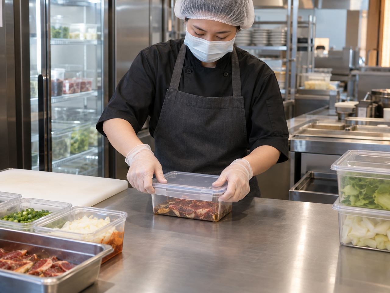 食材收整示意圖：開封品密封、剩料標記、報廢處理